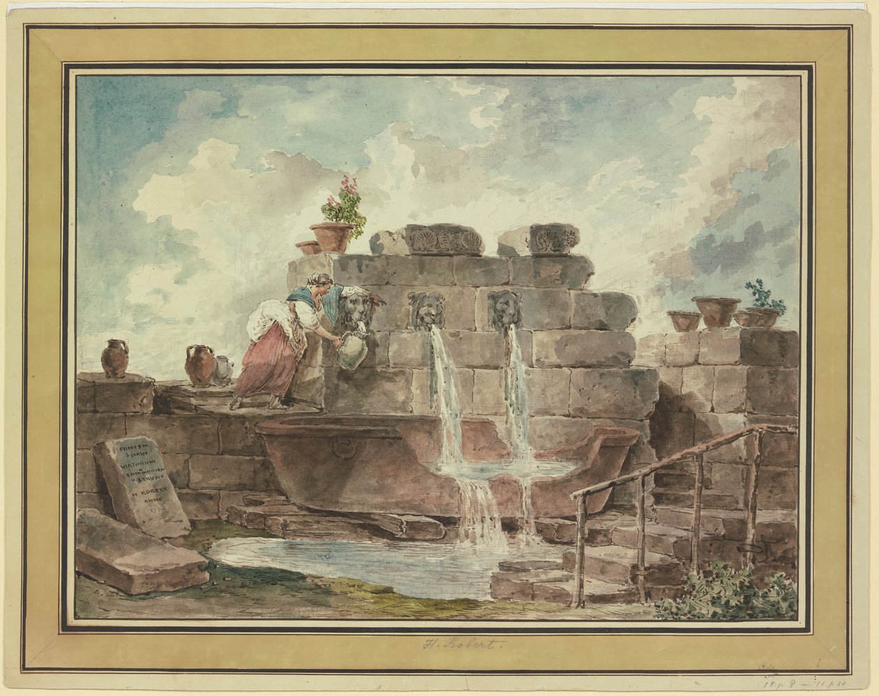 En romersk fontene med en kvinne som henter vann av Hubert Robert