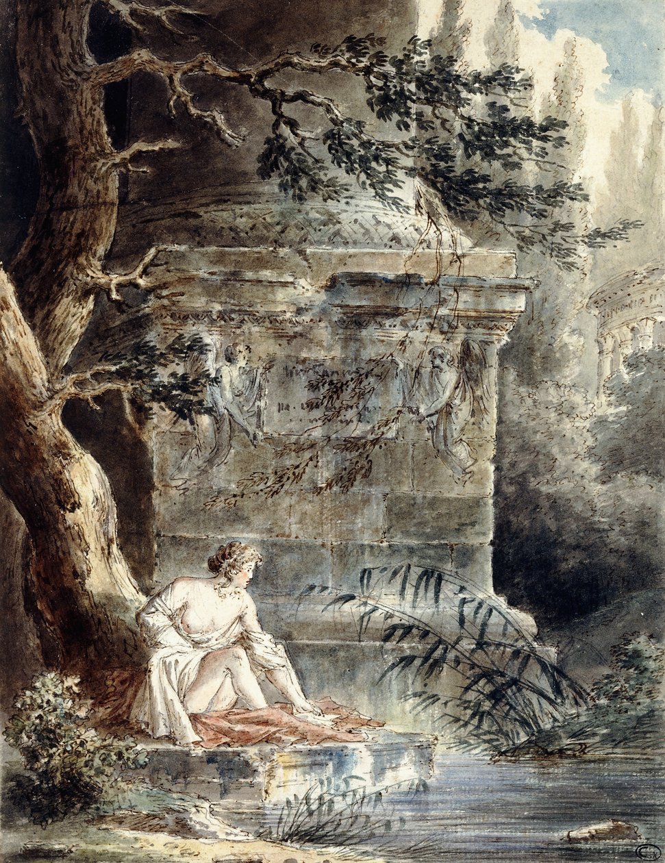 En ung bader nær en søyle, av Hubert Robert