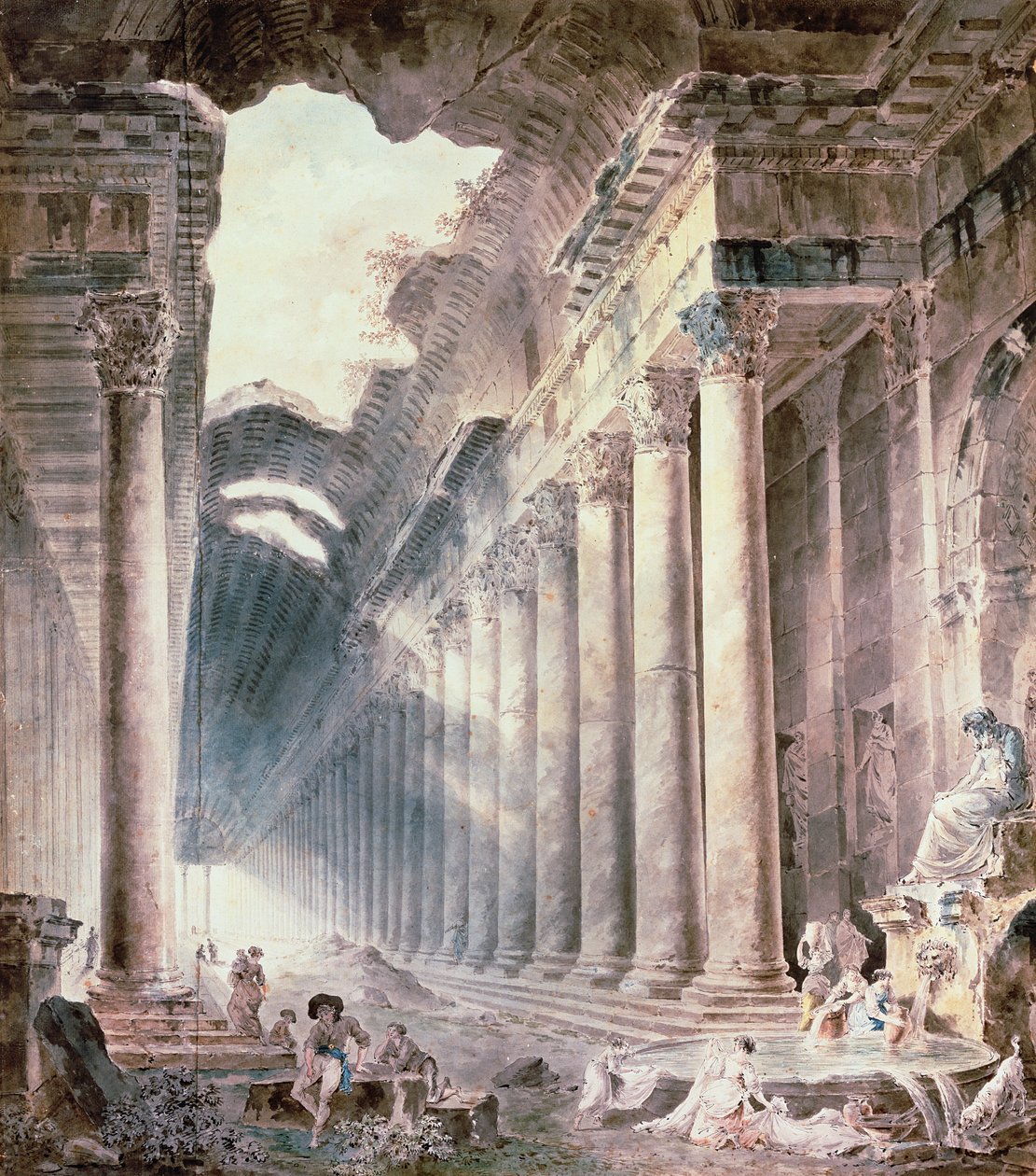 En termisk bygning med søylegang, taket delvis åpent mot himmelen, med jenter som vasker klær (akvarell, blyant, blekk) av Hubert Robert