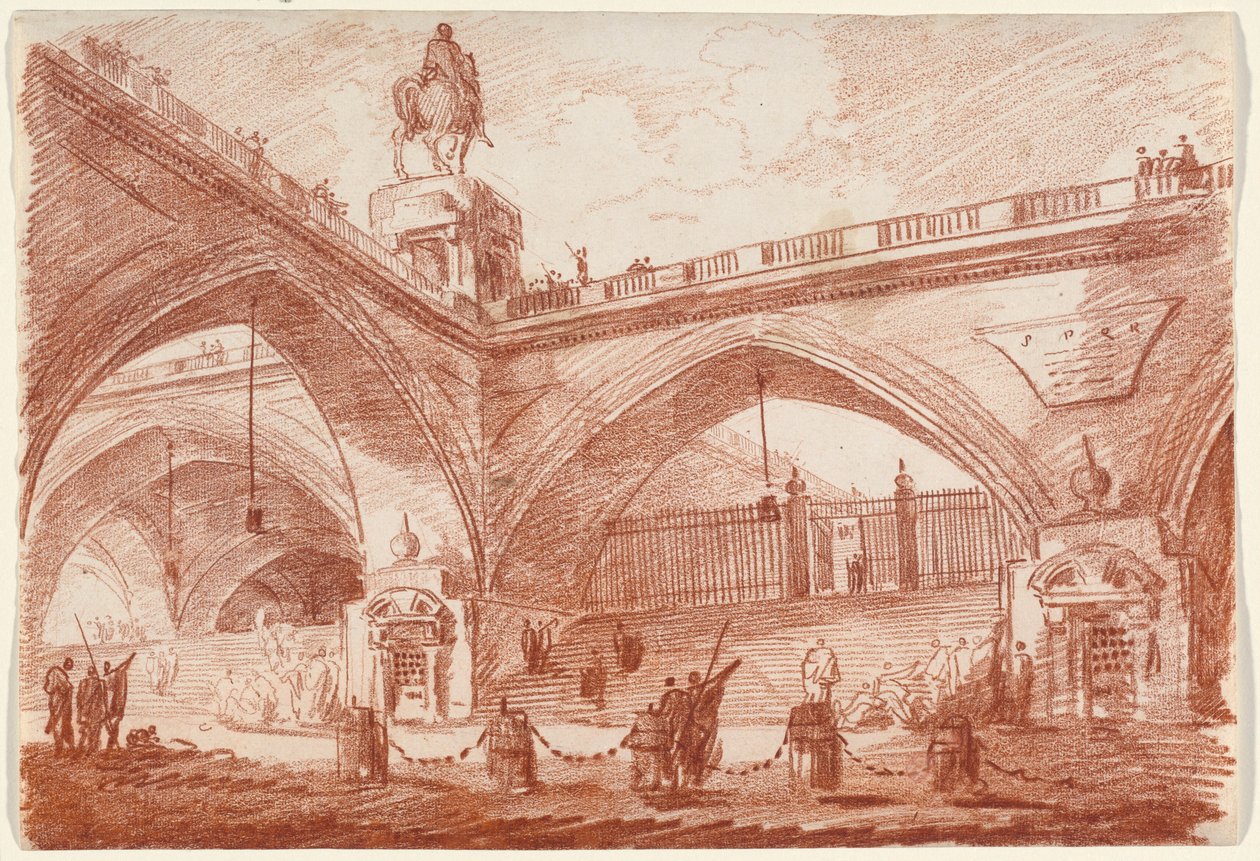 Arkitektonisk fantasi med en triumfbuebro av Hubert Robert