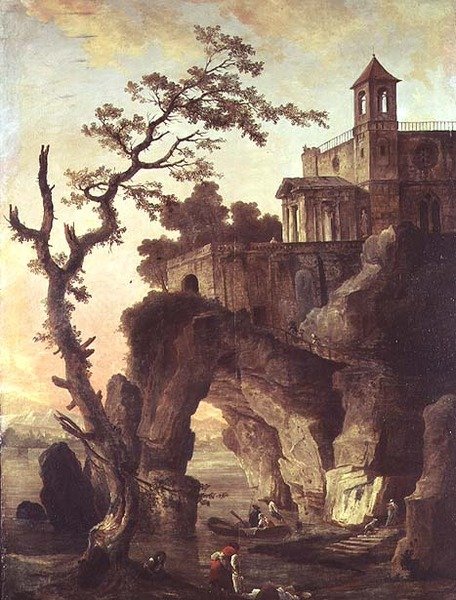Arkitektoniske ruiner i et steinete landskap (olje på lerret) av Hubert Robert