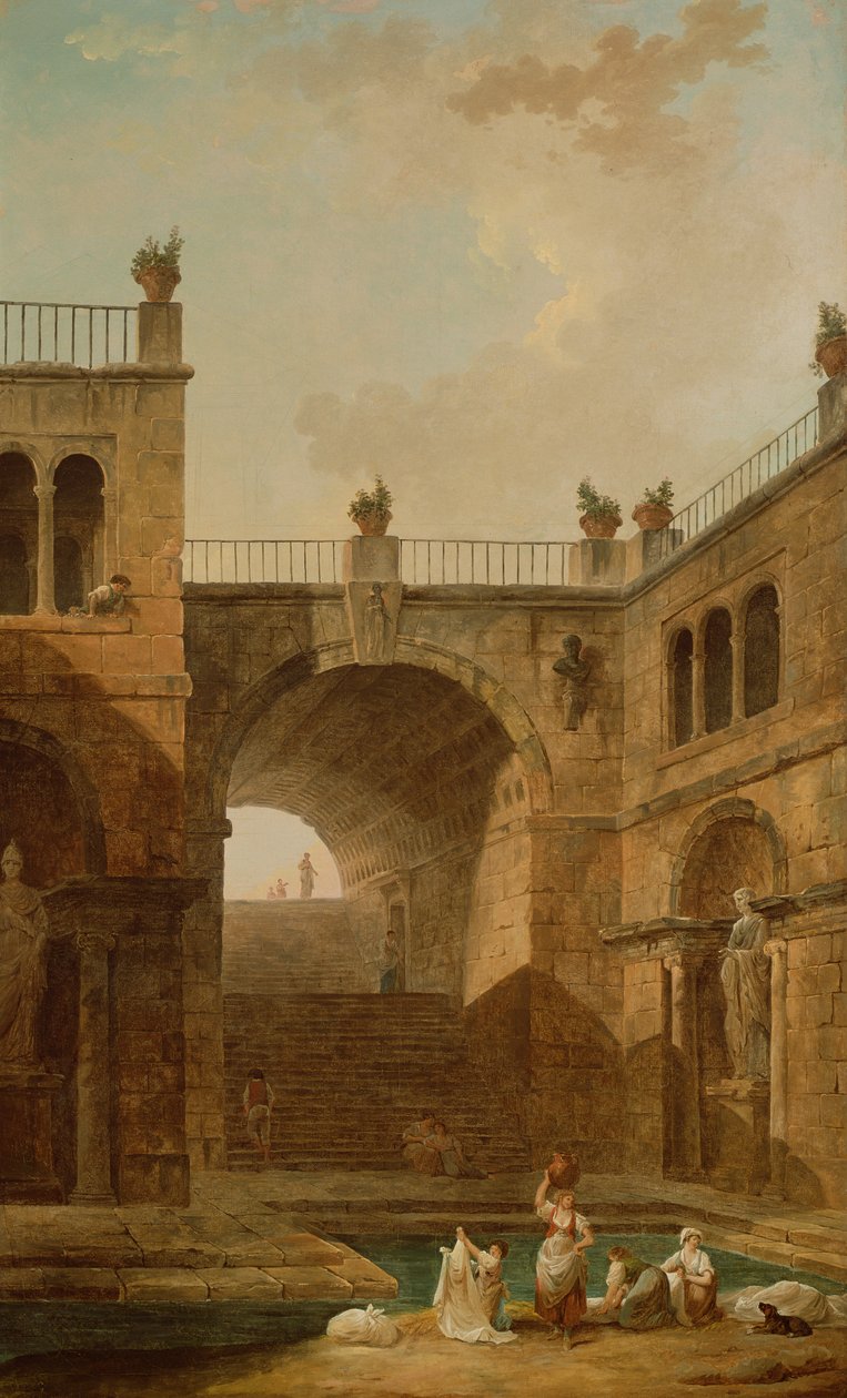 Arkitektonisk scene med kvinner som vasker klær ved et basseng av Hubert Robert