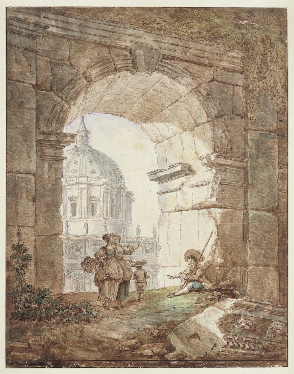 Utsikt over Peterskirken i Roma (Arkitektonisk capriccio) av Hubert Robert