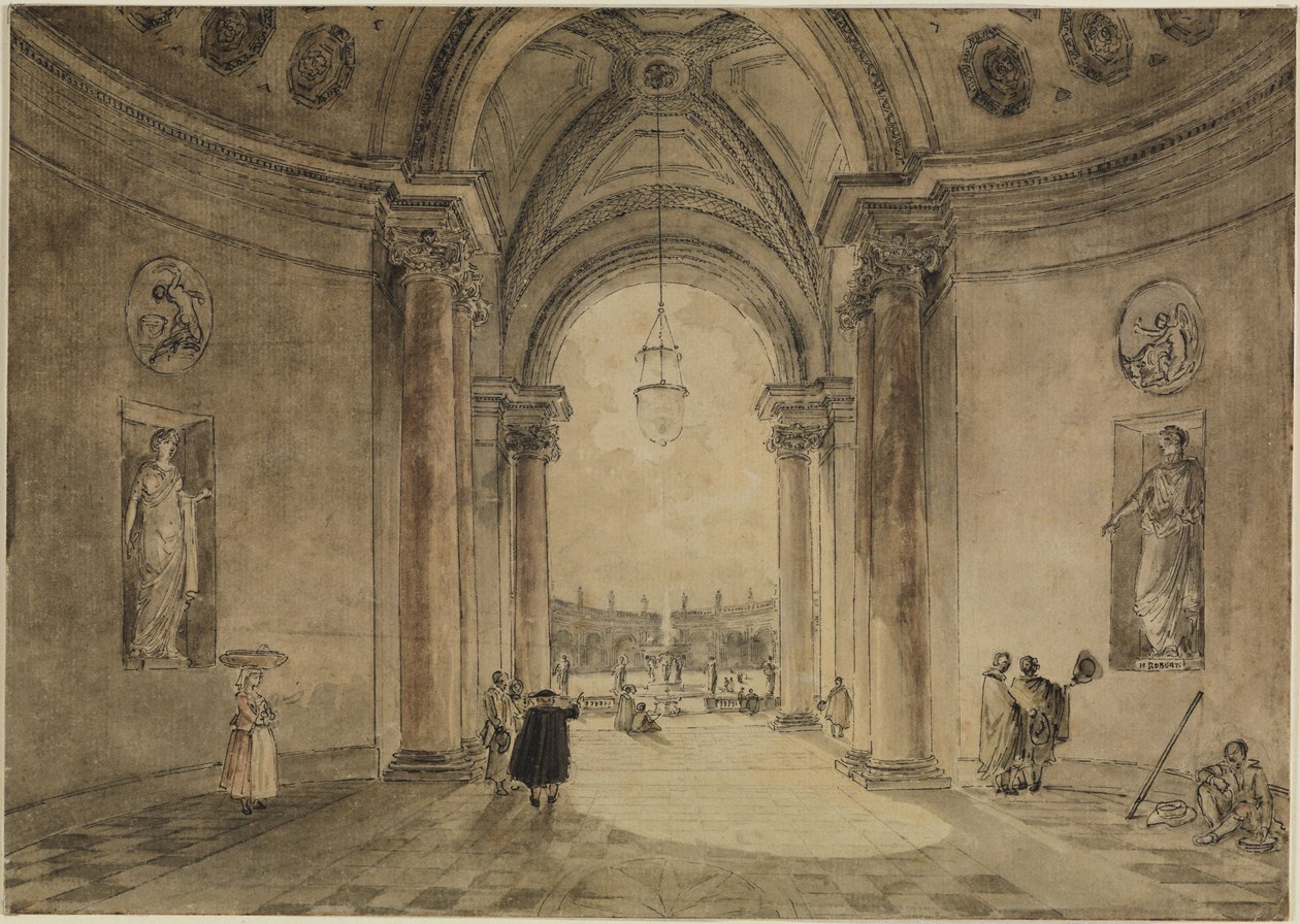Utsikt gjennom kasinoets atrium mot hageparterret ved Villa Albani av Hubert Robert