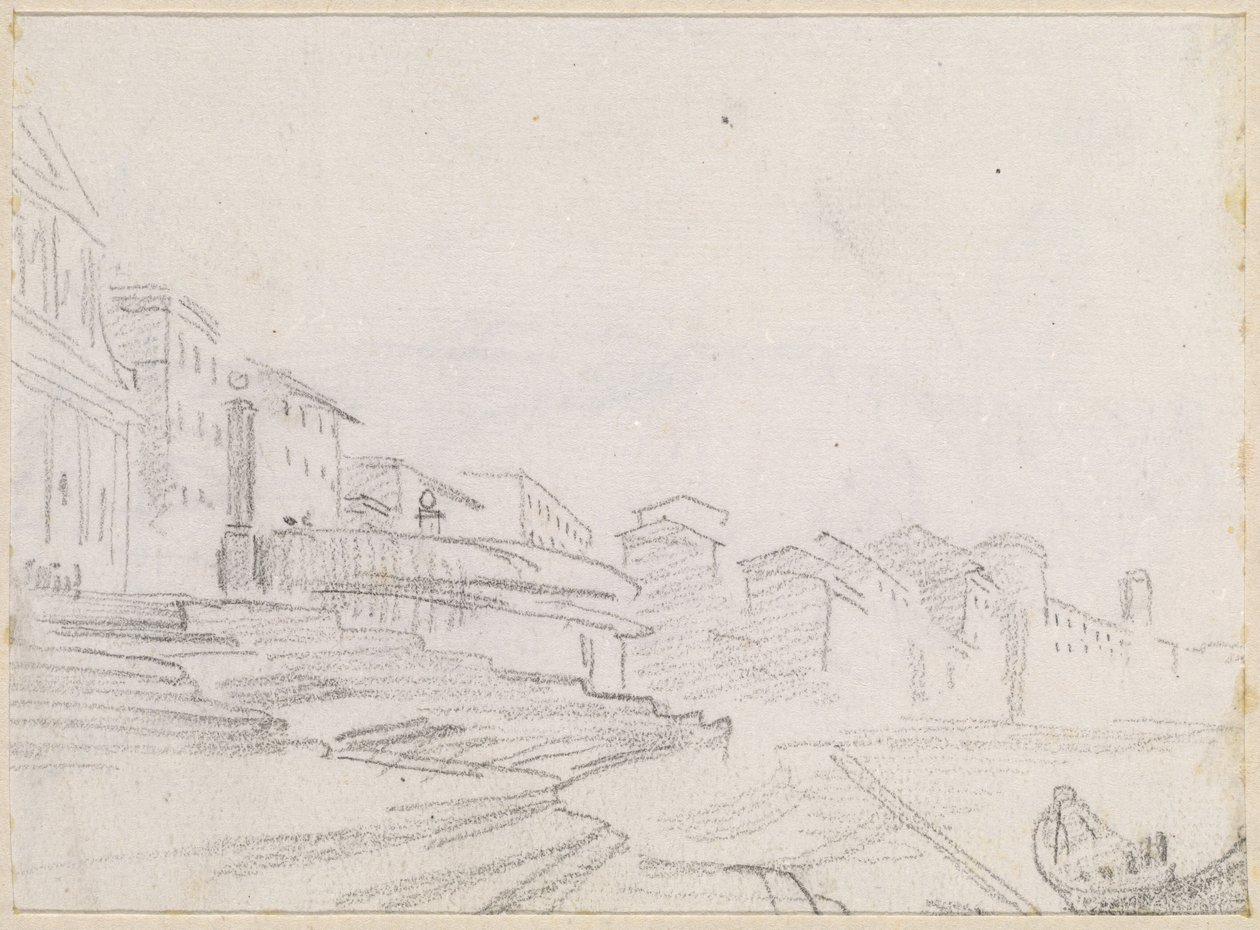 Bygninger langs en elvebredd [verso] av Hubert Robert