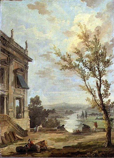 Capriccio italiensk landskap med Capitoline Palazzo Nuovo og herrefolk på en terrasse, en elv bortenfor av Hubert Robert