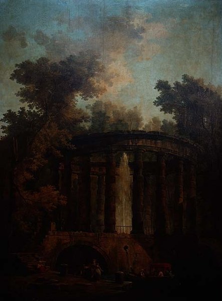 Capriccio av en fontene i en sirkulær søylegang av Hubert Robert