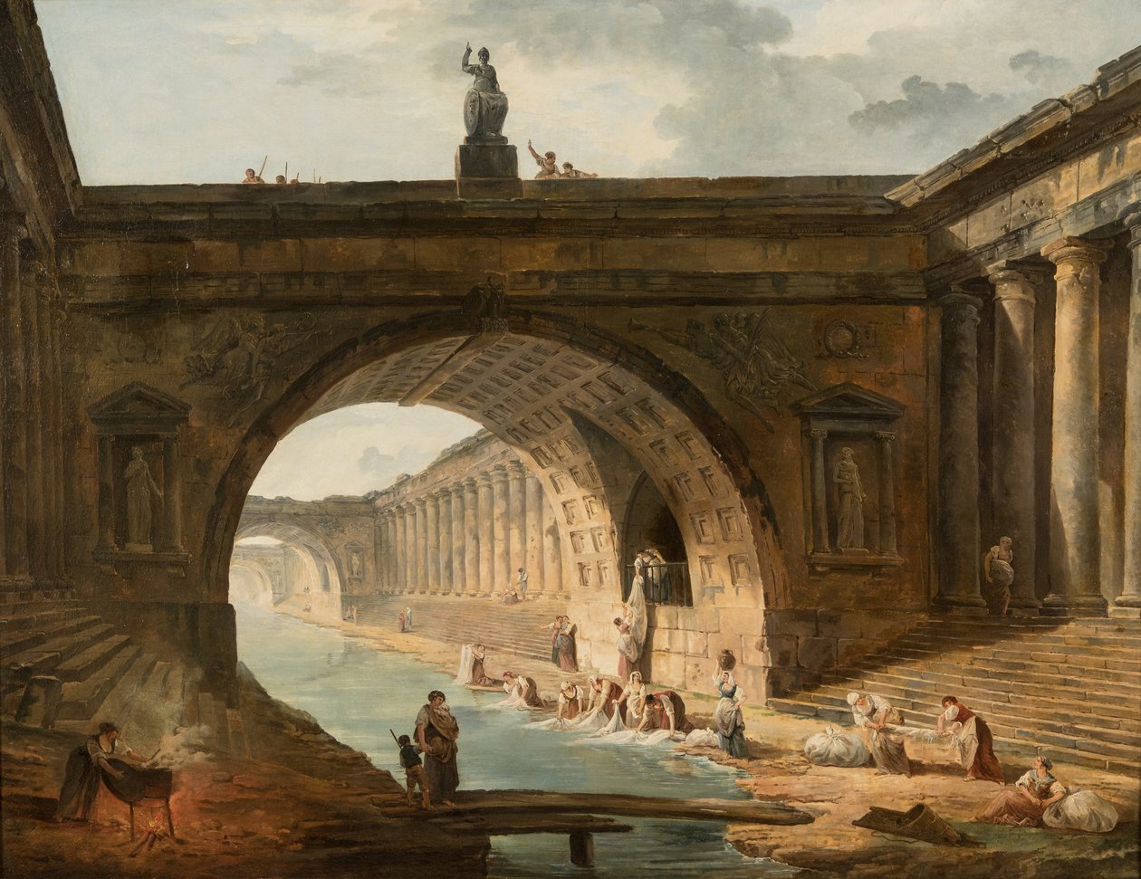 Capriccio med vaskekoner ved en kanal av Hubert Robert