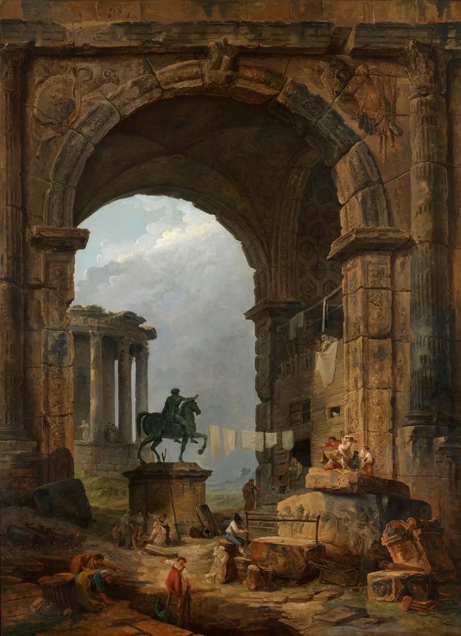 Caprice antikk med statuen av Marcus Aurelius. av Hubert Robert