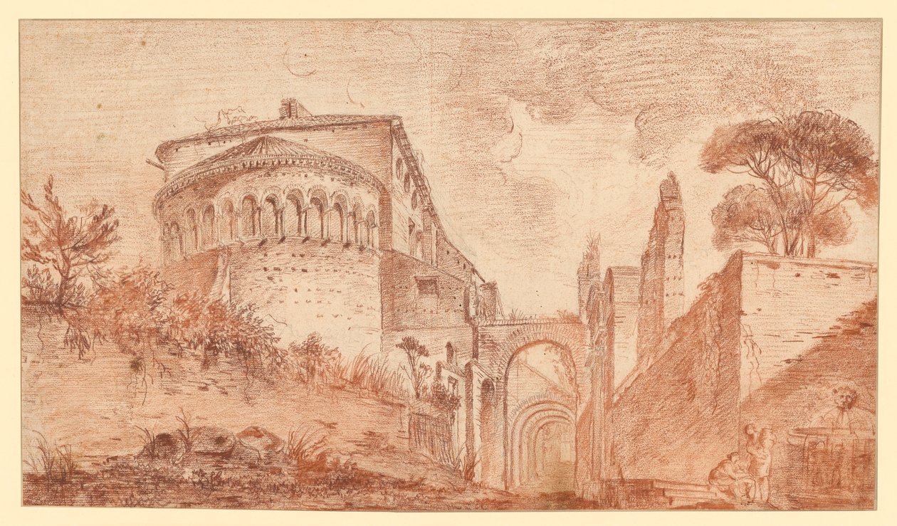 Kirken Santi Giovanni e Paolo i Roma, sett fra apsiden av Hubert Robert