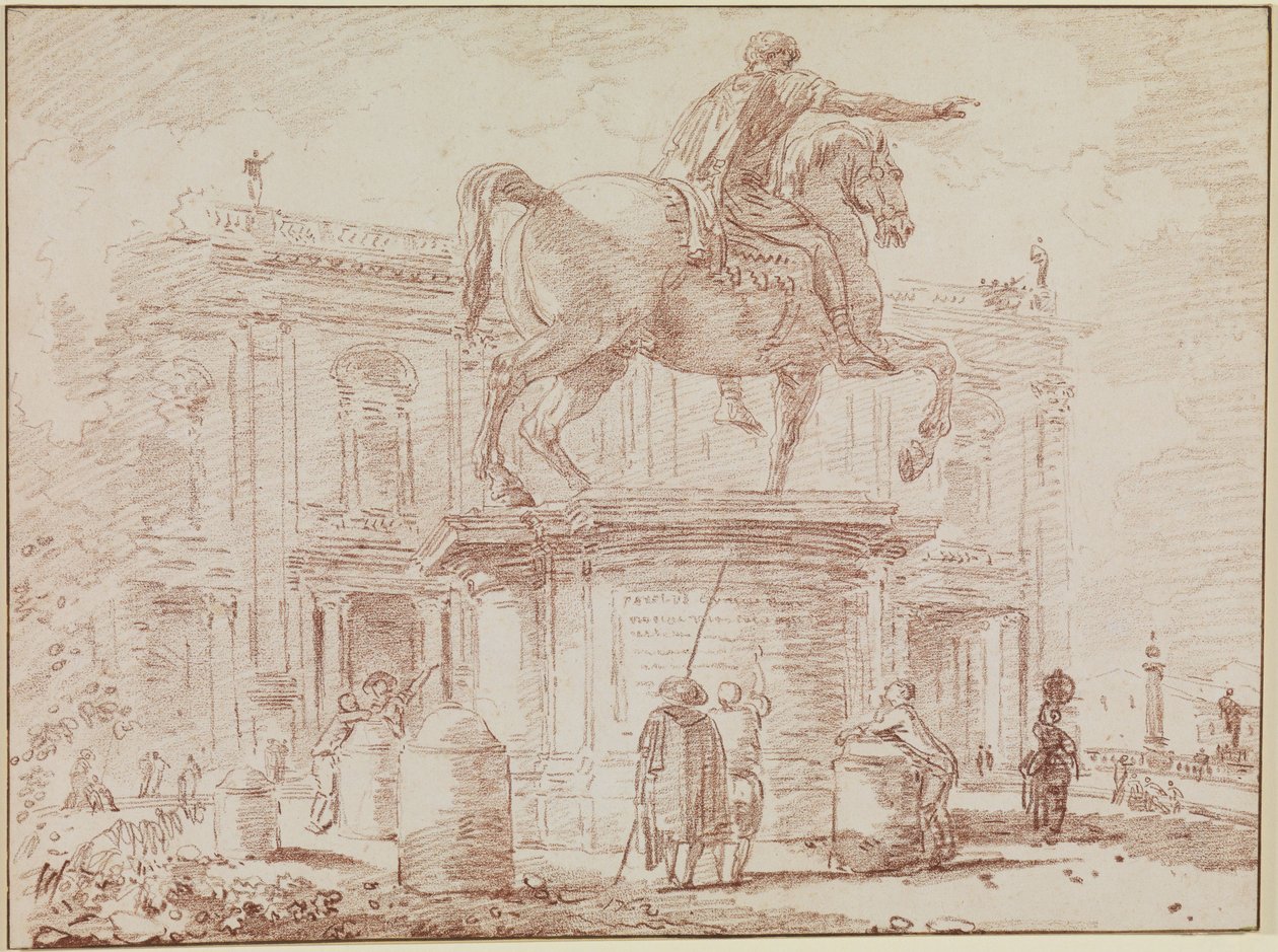 Rytterstatuen av Marcus Aurelius og Konservatorpalasset i Roma av Hubert Robert