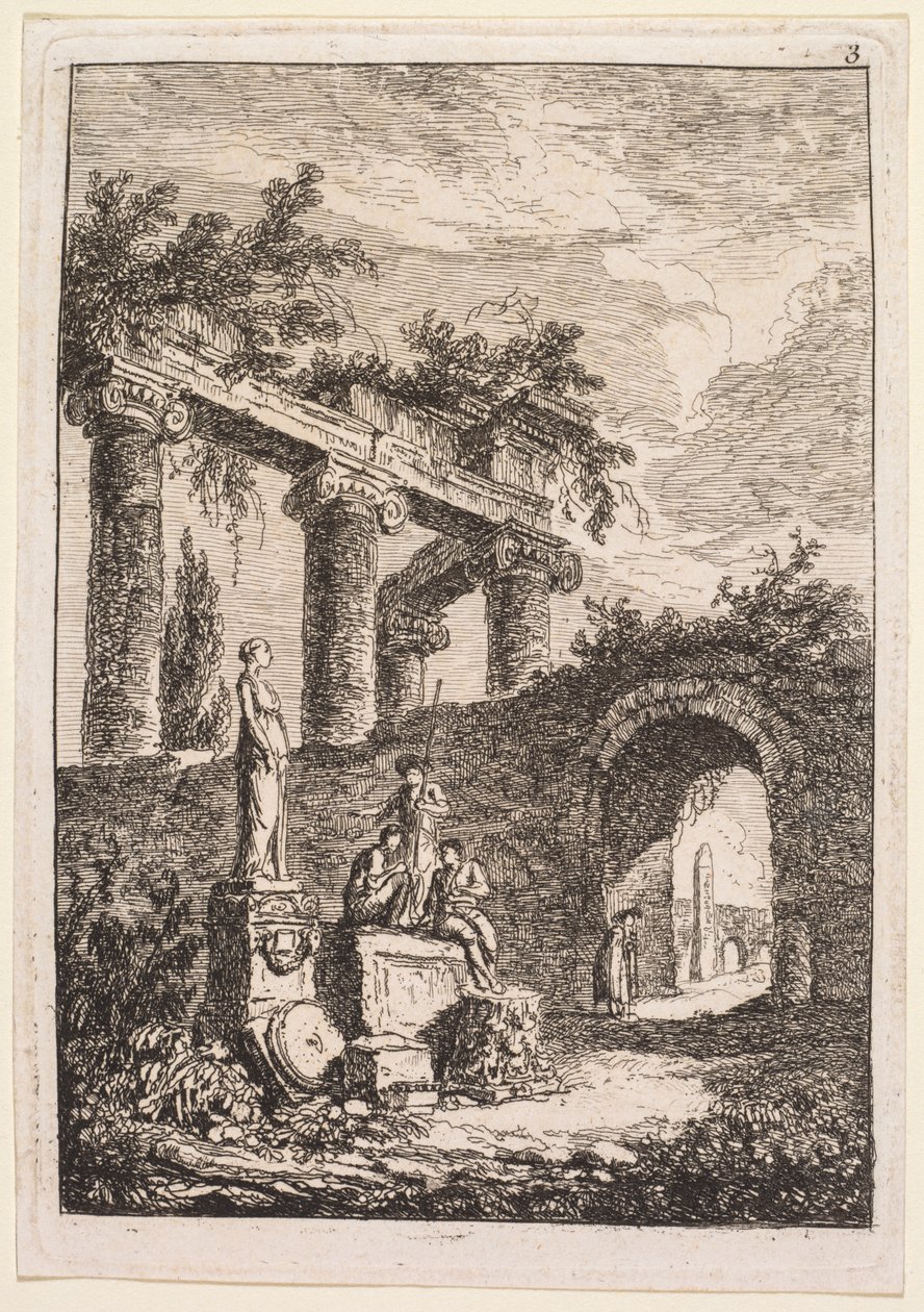 Kvelder i Roma: Statuen foran ruiner, 1763-1764. av Hubert Robert