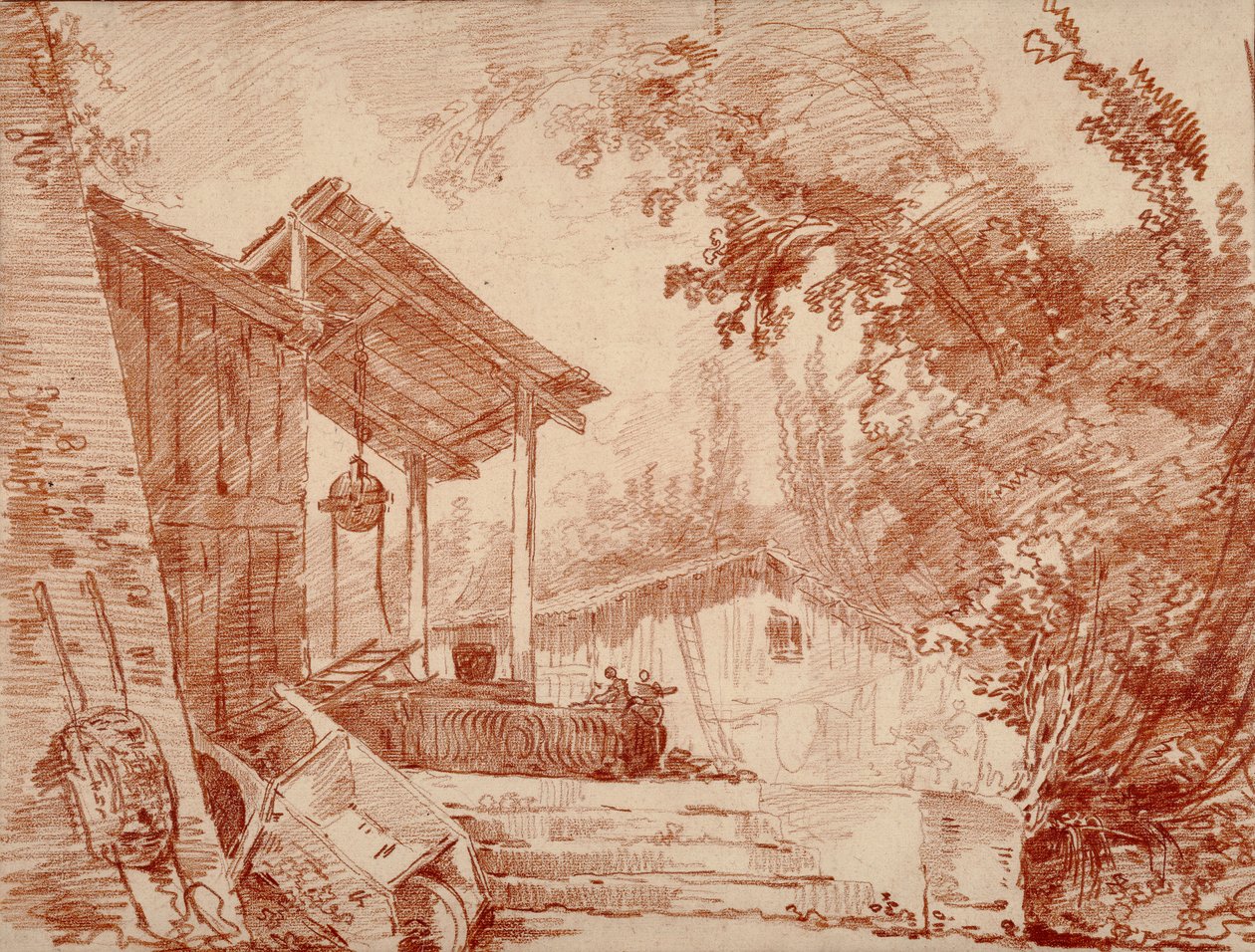 Gårdstun med to figurer ved en brønn og en stor trillebår i forgrunnen av Hubert Robert