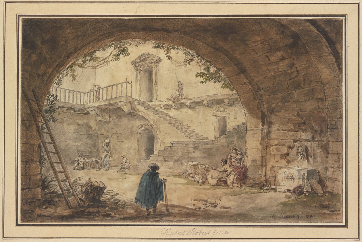 Hvelving med antikk fontene og utsikt mot en trapp av Hubert Robert