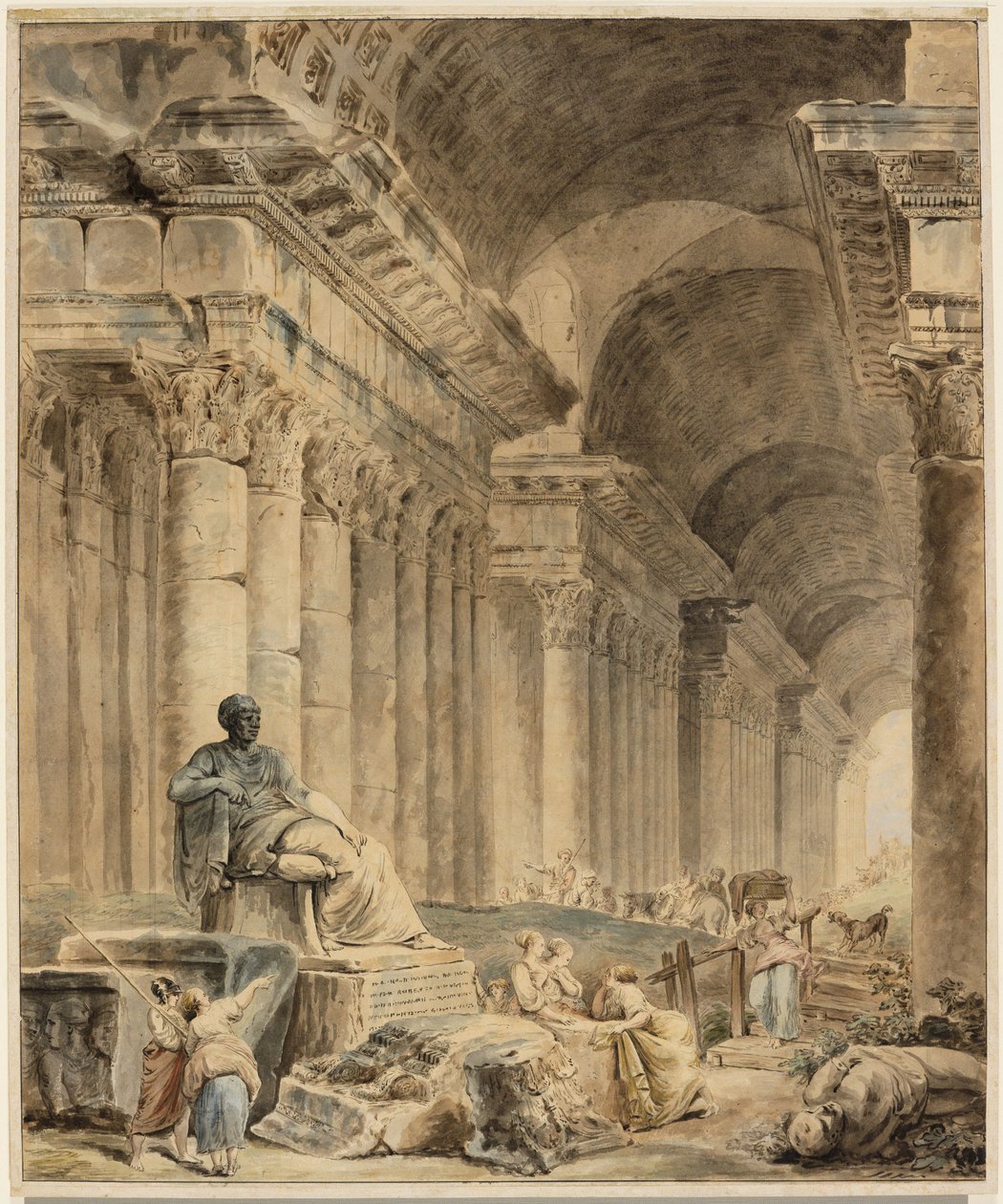 Hvelvet søylegang med antikk sittende statue av Hubert Robert