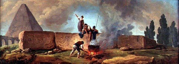 Sigøynere koker en gryte blant egyptiske ruiner (olje på lerret) av Hubert Robert