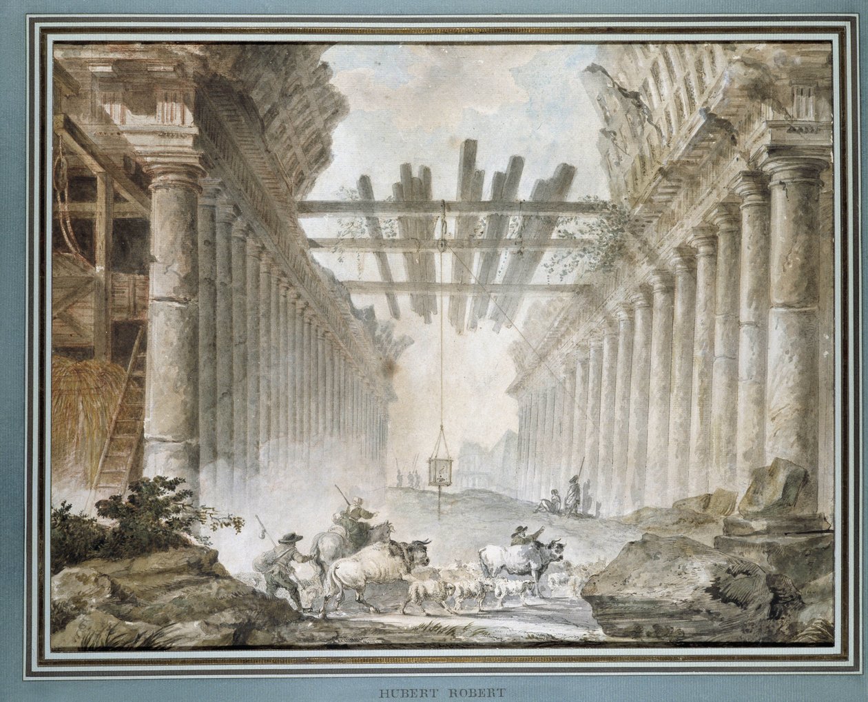 Flokk i ruinene av et tegnetempel (olje på lerret) av Hubert Robert