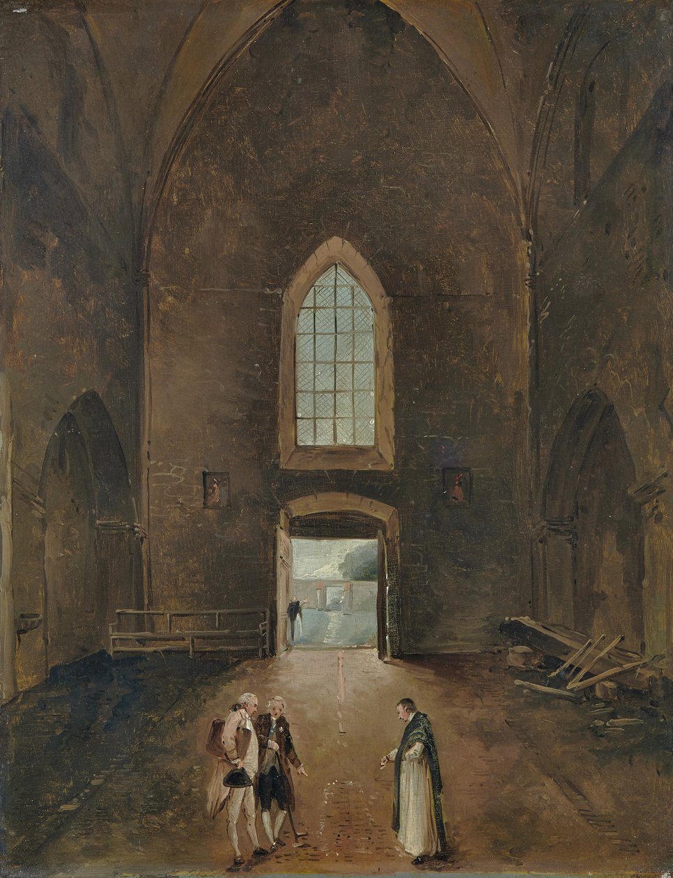 Hubert Robert og en amatør besøker en grav i en kirke av Hubert Robert