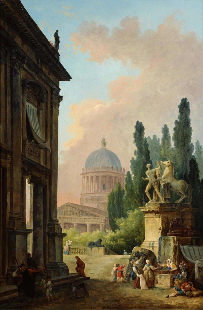 Imaginær utsikt over Roma med hestetemmeren på Monte Cavallo av Hubert Robert