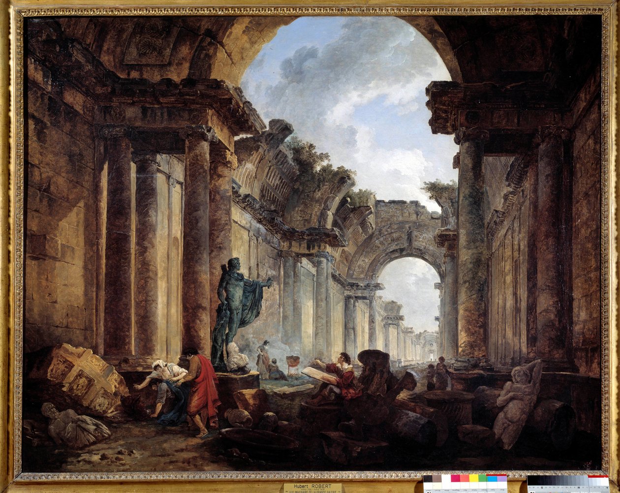Imaginær utsikt over Grand Galerie du Louvre i ruiner Maleri av Hubert Robert (1733-1808) Søn. 1,14x1,46 m. av Hubert Robert