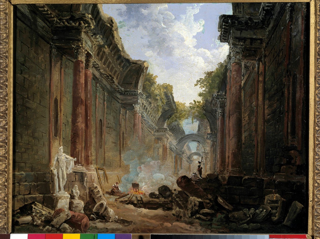 Fantasifull utsikt over Grande Galerie du Louvre i ruiner Maleri av Hubert Robert (1733-1808) 1700-tallet Søn. 0,32x0,4 m. av Hubert Robert
