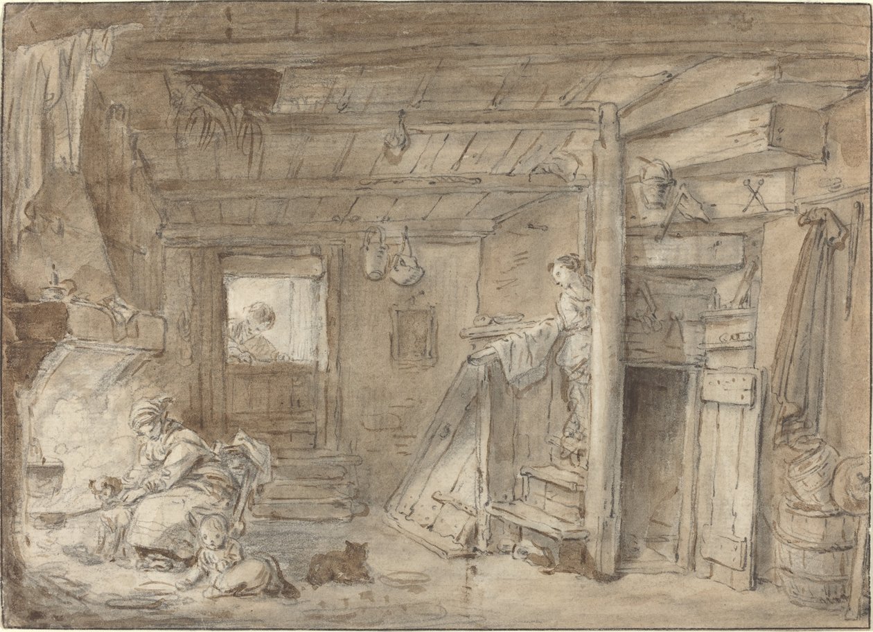 Interiør i et våningshus med figurer av Hubert Robert