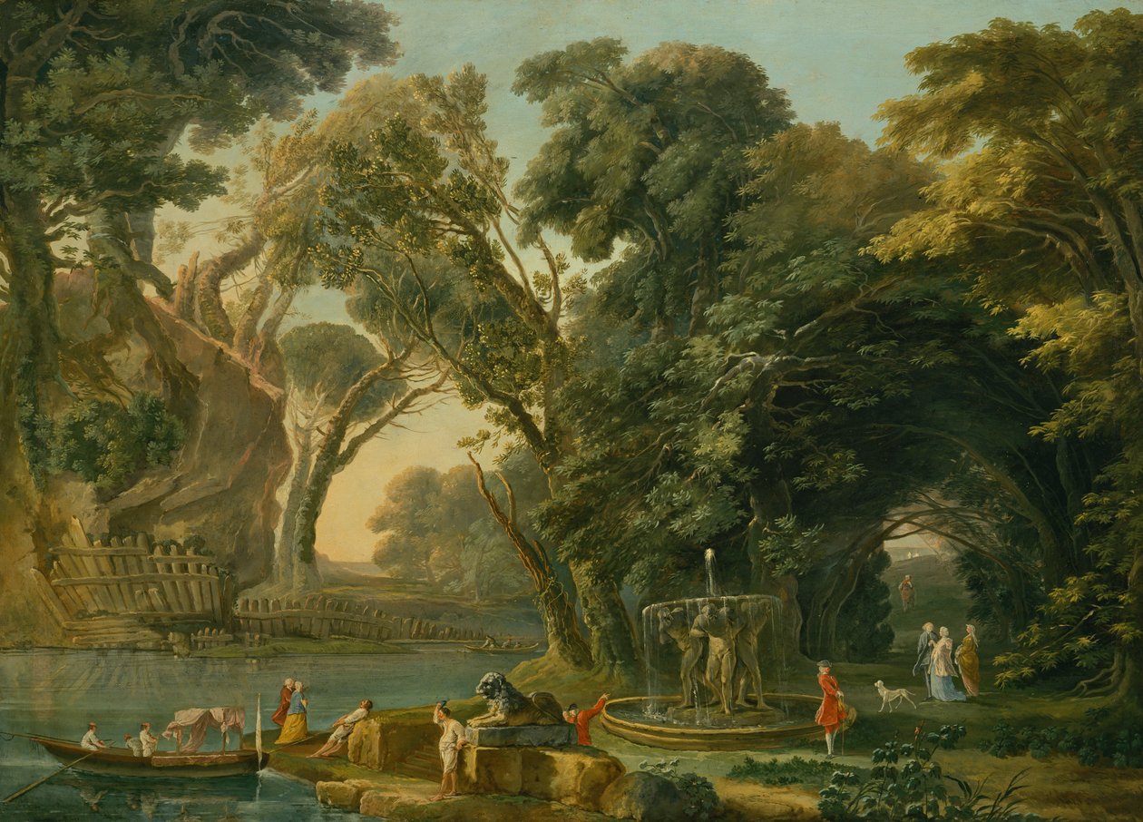 Italiensk Caprice med landing (olje på lerret) av Hubert Robert