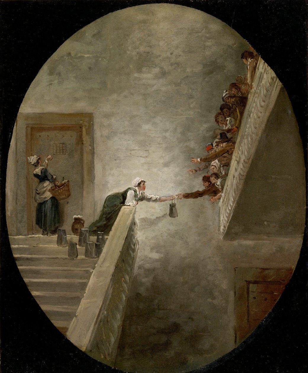 La distribution du lait a la prison Saint Lazare - Utdelingen av melk i Saint-Lazare fengsel av Robert, Hubert (1733-1808), ca 1794 - Olje på papir, 36,8x30,2 - Privat samling av Hubert Robert