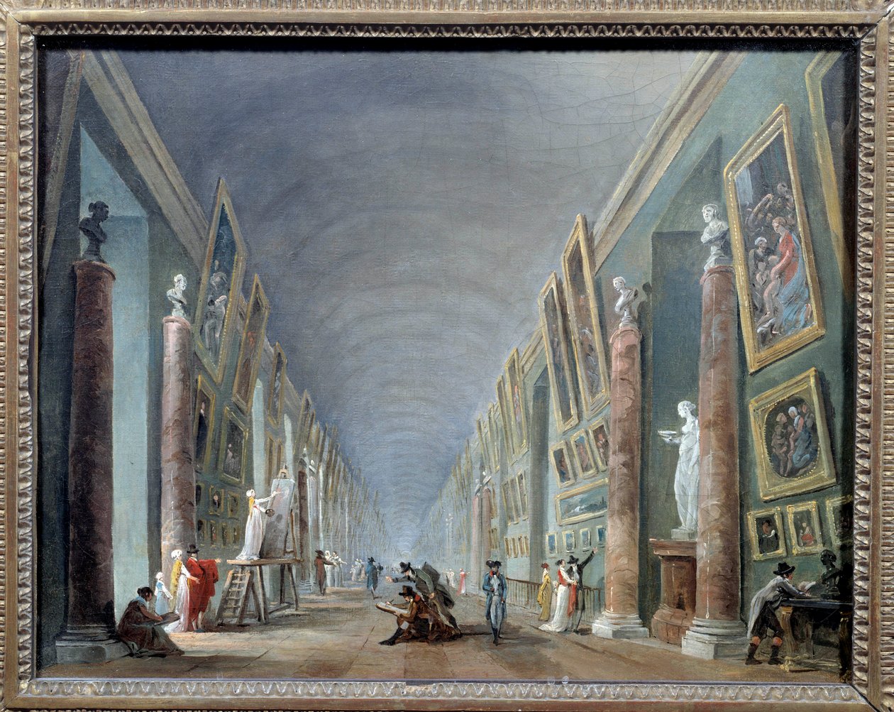 La grande galerie du Louvre mellom 1801 og 1805 Maleri av Hubert Robert (1733-1808) Søn. 0,37 x 0,46 Musee du Louvre, Paris - Louvres store sal mellom 1801 og 1805. Maleri av Hubert Robert (1733-1808), 0,37 x 0,46. Louvre-museet i Paris av Hubert Robert