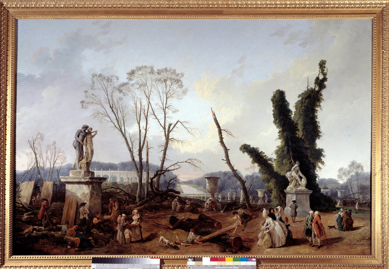 Le Carpet Vert på tidspunktet for hogst av trær vinteren 1774-1775 i hagene i Versailles (i forgrunnen, kong Louis XVI og dronning Marie-Antoinette). Det grønne teppet kalles også den kongelige allee. Maleri av Hubert Robert (1733-1808 av Hubert Robert
