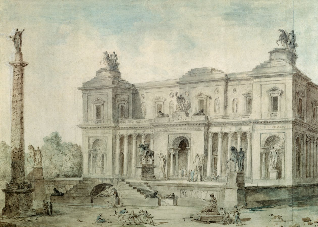 Le Musée des Antiques, ca. 1800 (kritt, penn og blekk og wc på papir) av Hubert Robert