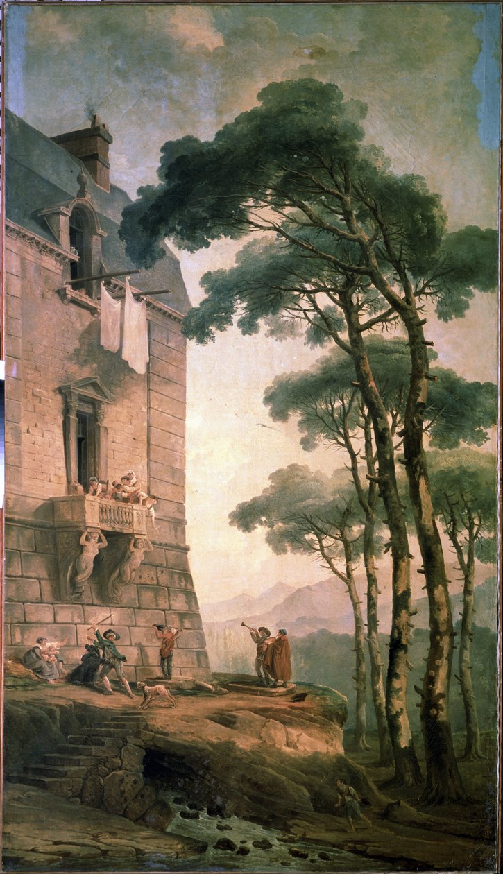 Musikerne. En gruppe artister bestående av musikere og en bjørnetrener leter under balkongen til et middelklassehus. Maleri av Hubert Robert (1733-1808), olje på lerret, fransk kunst. Statens friluftsmuseum Peterhof, St. Petersburg av Hubert Robert