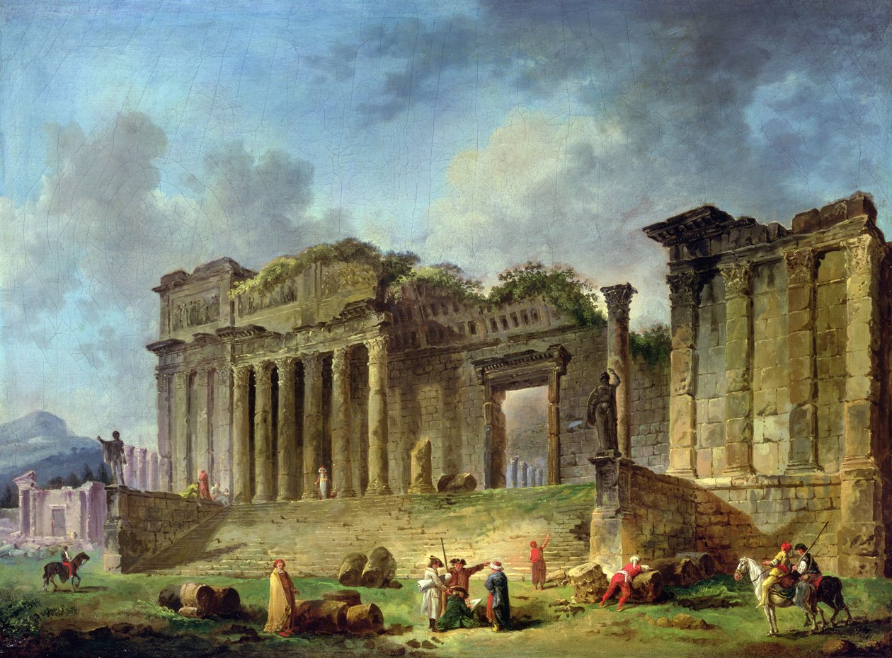 Mann som skisserer ruinene av et klassisk tempel (olje på lerret) av Hubert Robert