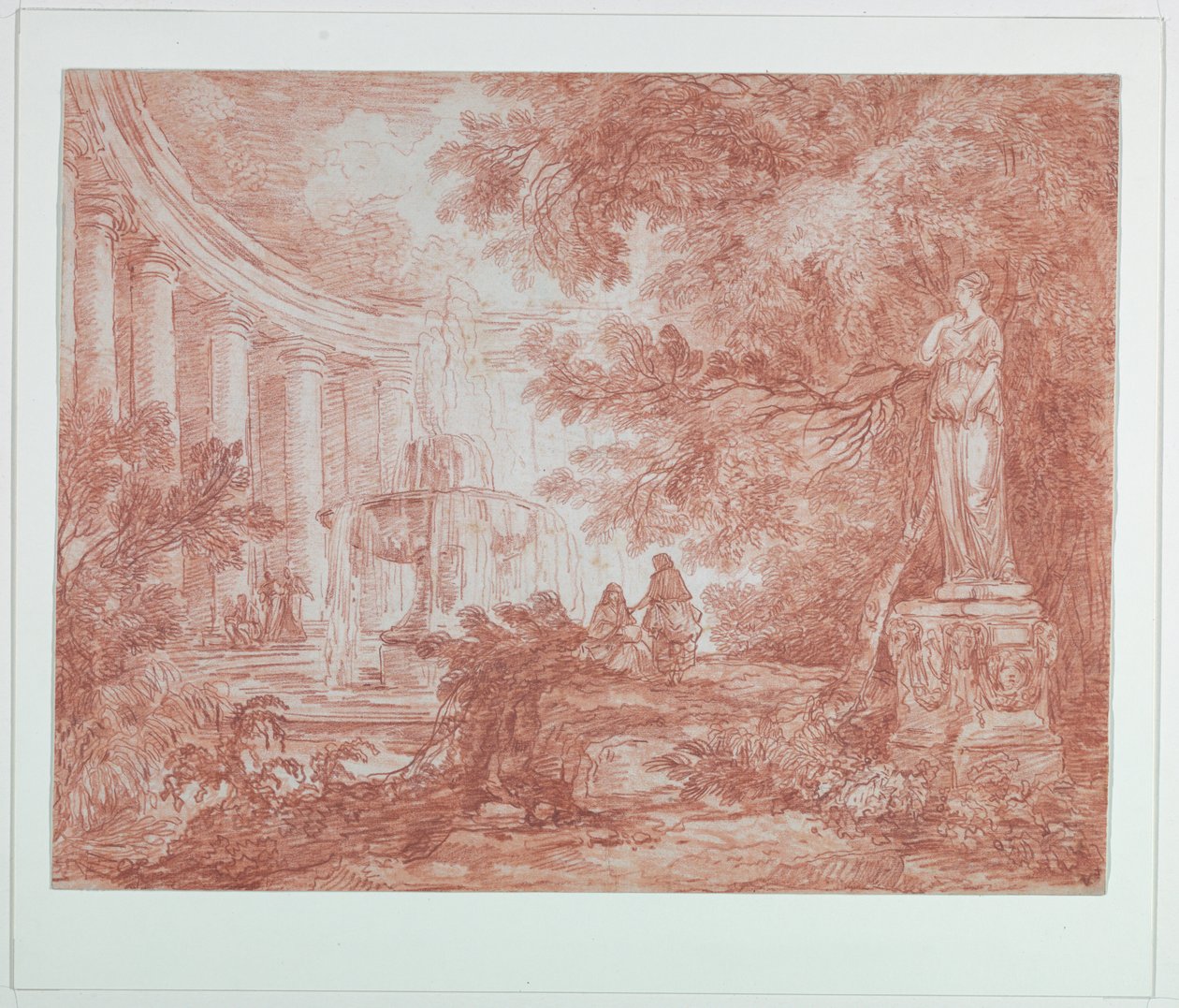 Park med fontene og statue av Hubert Robert