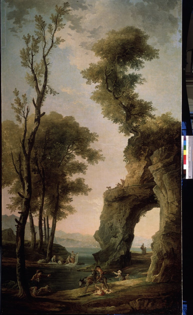 Landsbygda. Vaskedamer vasker klær i elva. En kvinne faller fra et esel. Maleri av Hubert Robert (1733-1808), olje på lerret, fransk kunst. Statens friluftsmuseum Peterhof, St. Petersburg. av Hubert Robert