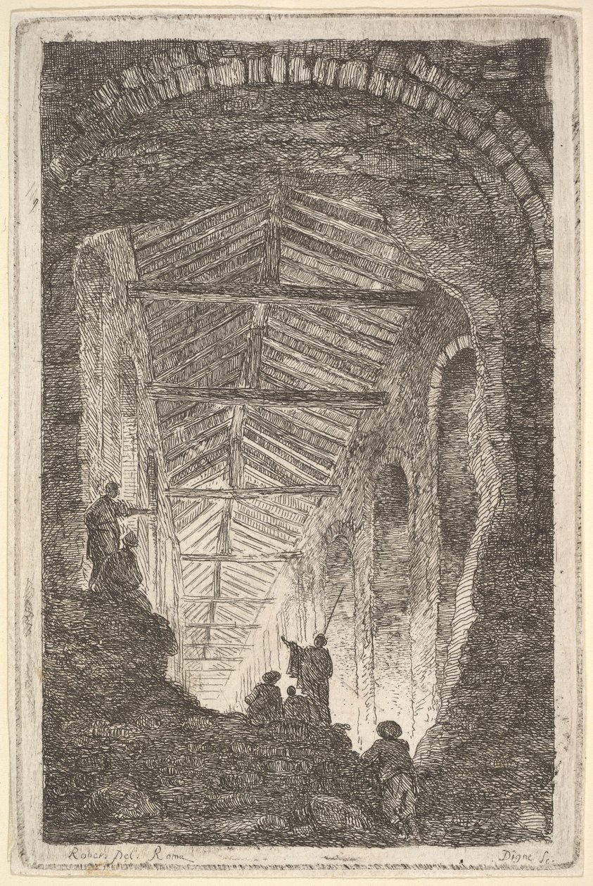 Plate 10: The Ancient Gallery: et stort overbygd galleri, lys som kommer inn fra bak..., ca. 1763-64. av Hubert Robert