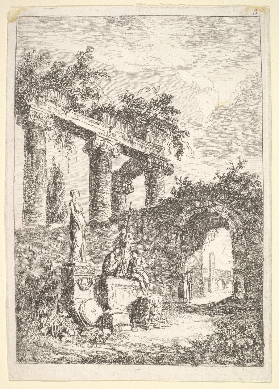 Plate 3: Statuen før ruinene: en statue til venstre ved siden av tre figurer på en p..., ca. 1763-64. av Hubert Robert