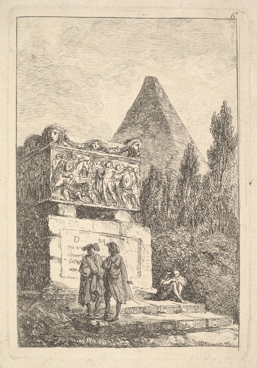 Plate 6: Sarkofagen: to menn som snakker til venstre, en annen mann sitter og sover..., ca. 1763-64. av Hubert Robert