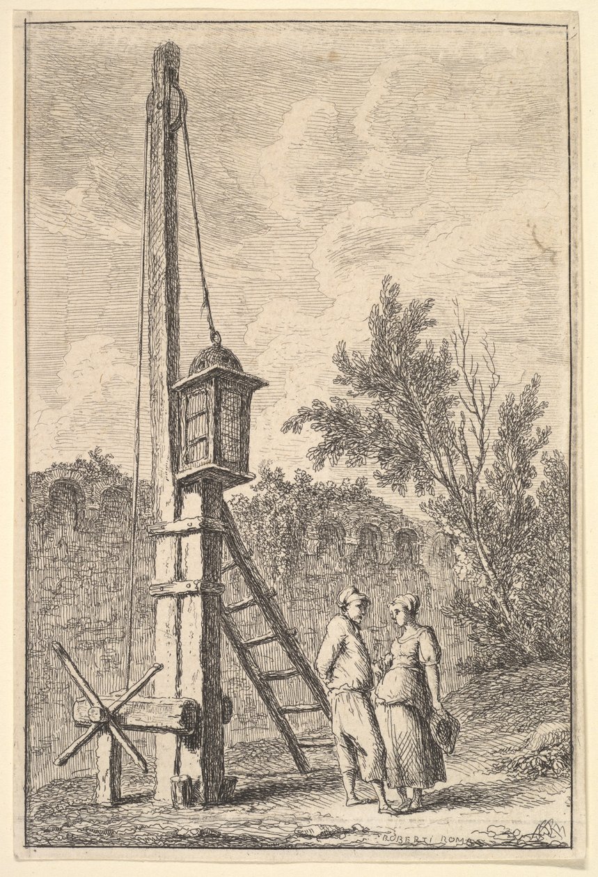 Plate 9: Remskiven: en mann og en kvinne snakker til høyre, en lanterne hang på en pos..., ca. 1763-64. av Hubert Robert