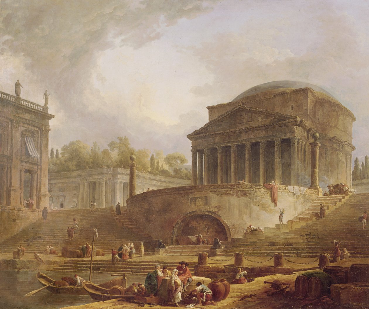 Porto di Ripetta i Roma, med Pantheon, arkitektonisk tablå, 1766 av Hubert Robert