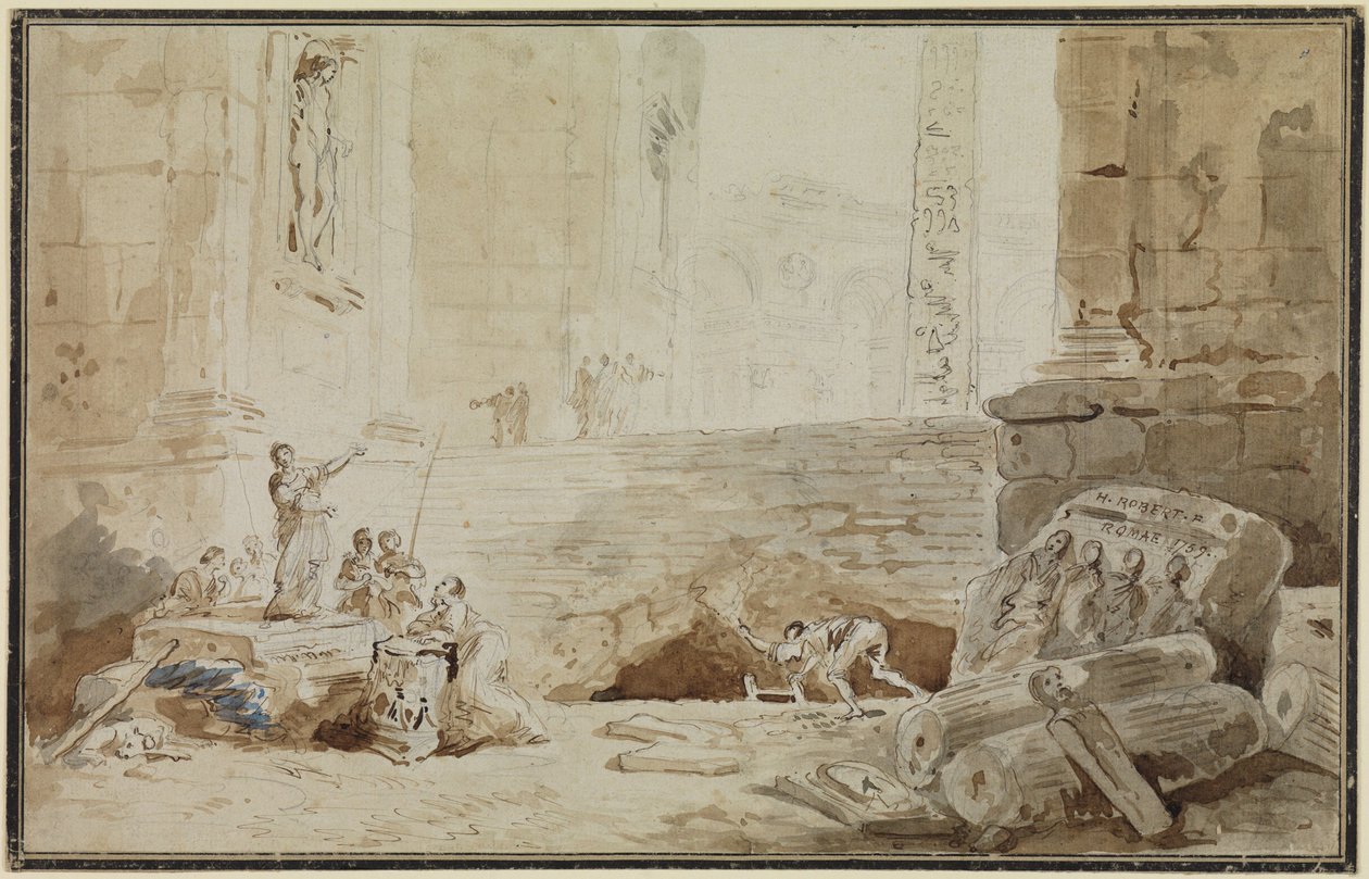 Romersk capriccio med en gatesangerinne av Hubert Robert