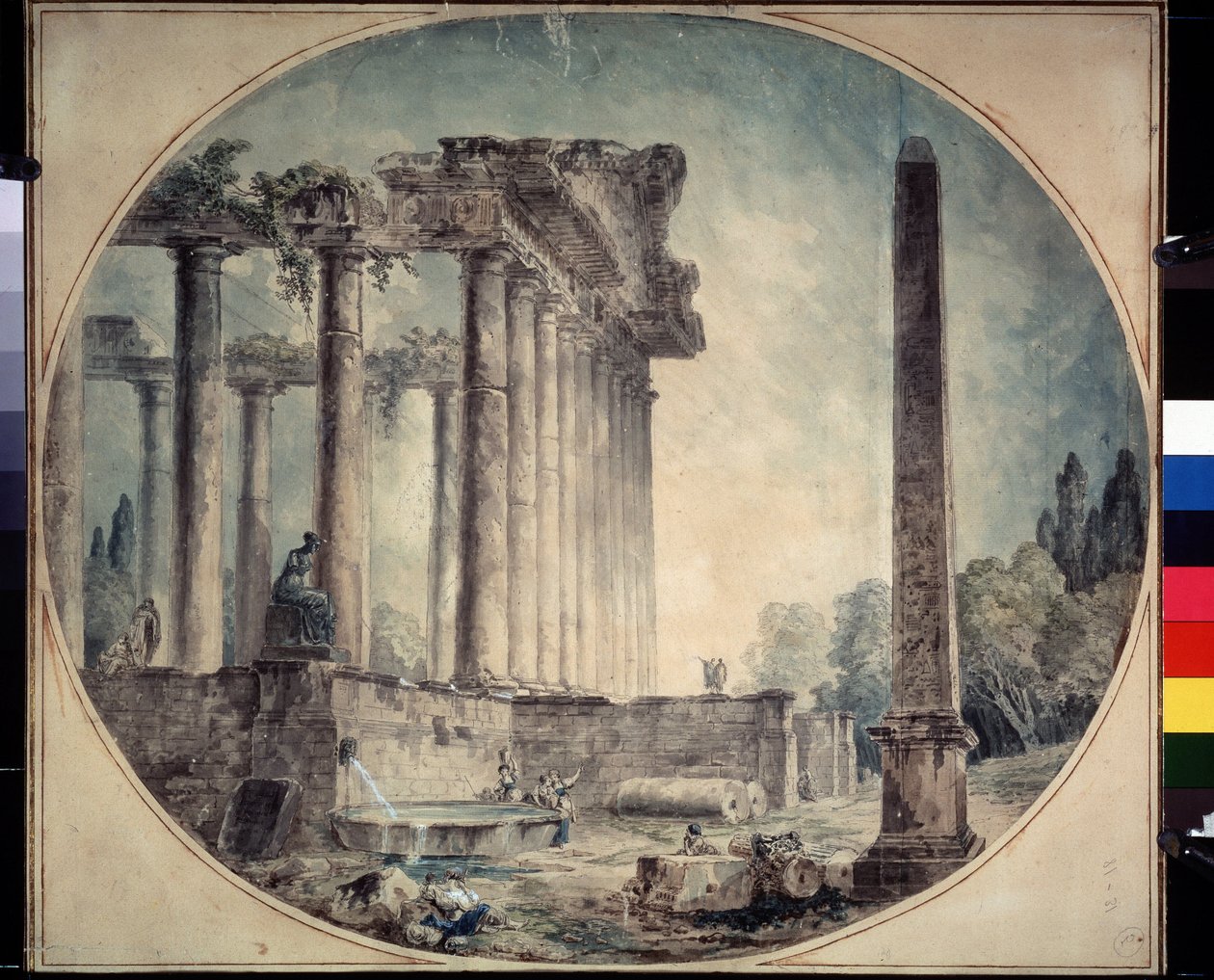 ""Ancient Ruins and Obelisk"" Akvarell av Hubert Robert (1733-1808) 1776 State A. Pushkin Museum of Fine Arts, Moskva, Russland av Hubert Robert