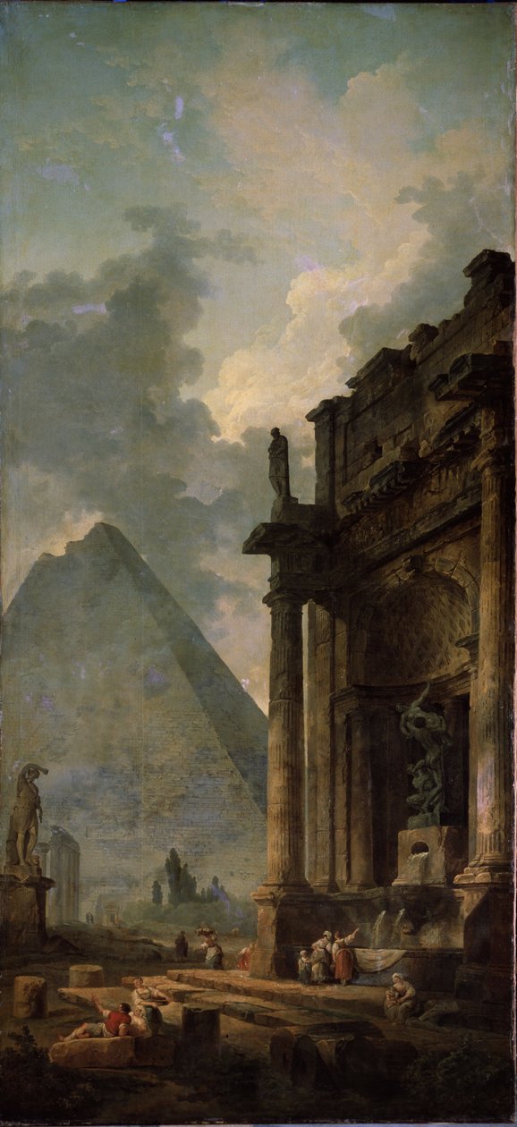 Ruiner med pyramide. Maleri av Hubert Robert (1733-1808), olje på lerret av Hubert Robert