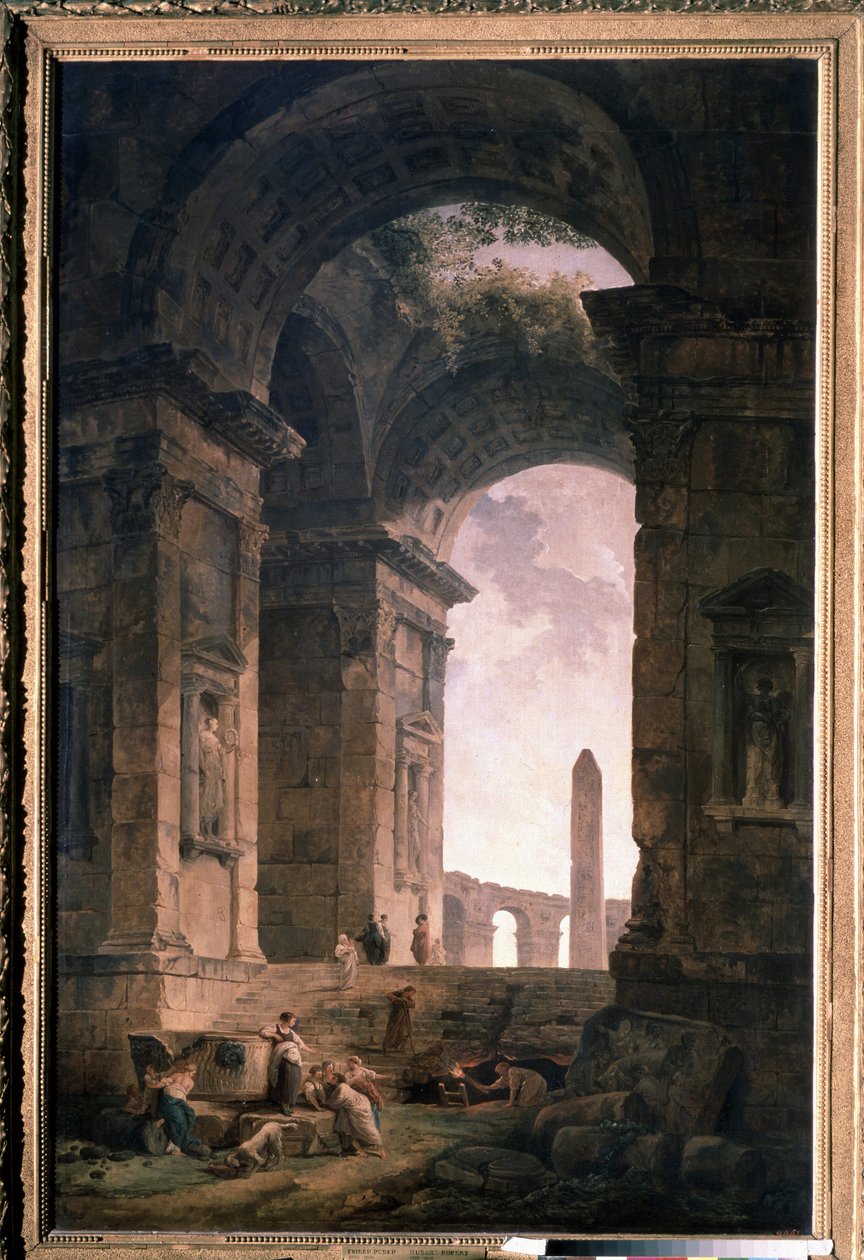 Ruiner med en obelisk. Maleri av Hubert Robert (1733-1808), olje på lerret av Hubert Robert