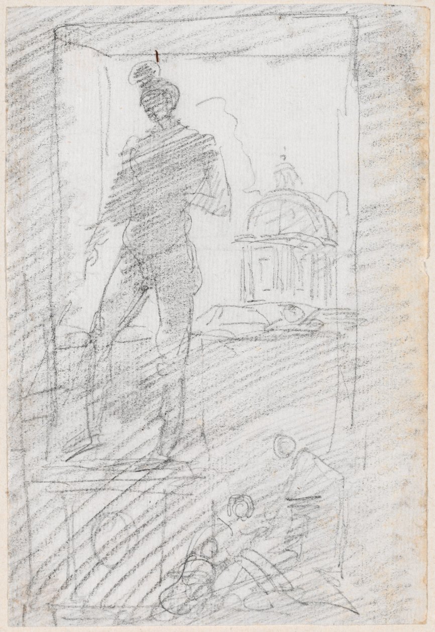 Statue av en nakenbilde foran et vindu av Hubert Robert