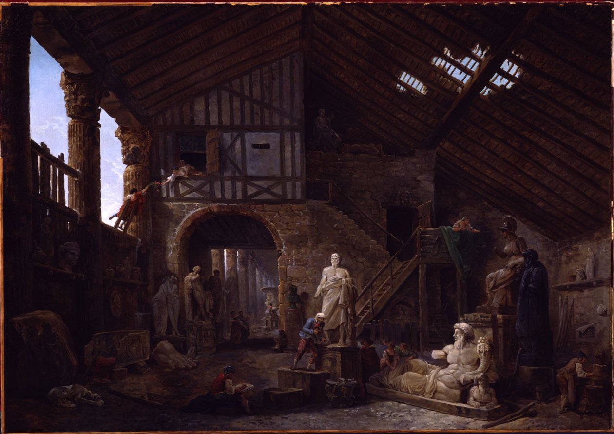Atelieret til en restauratør av antikviteter i Roma av Hubert Robert