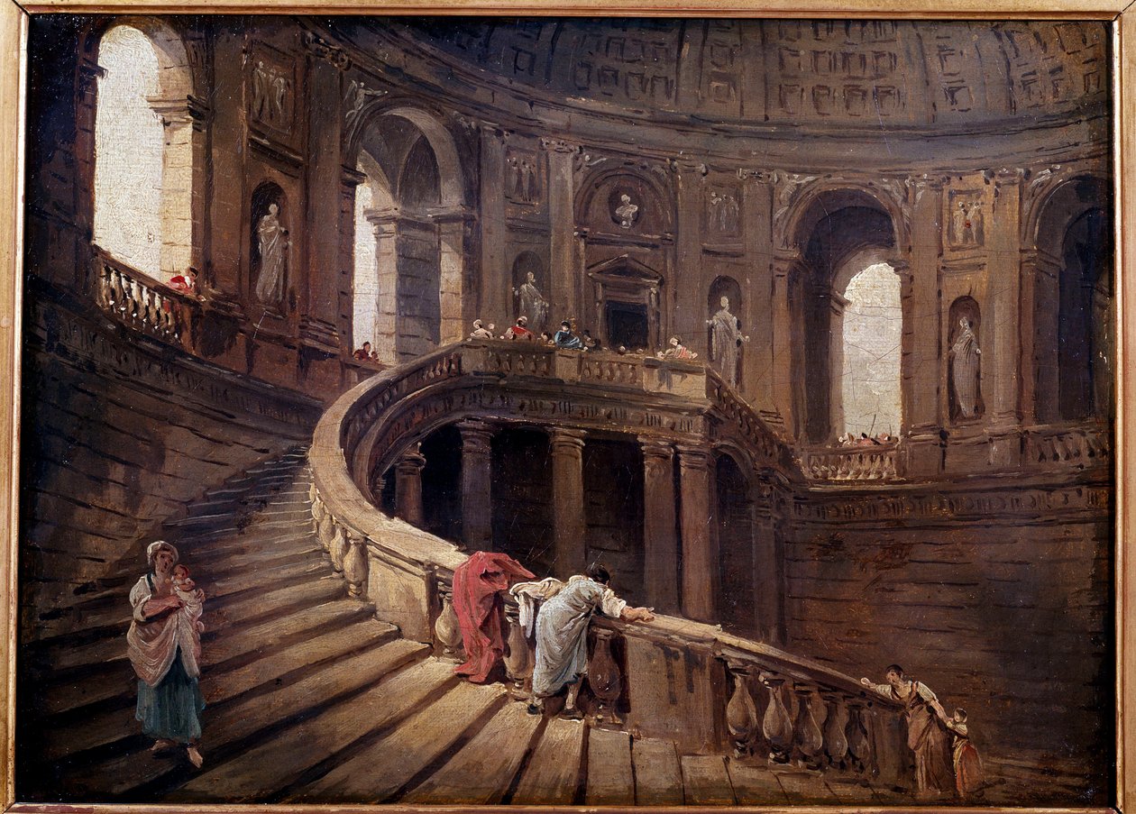 Den roterende trappen til Palazzo Farnese a Caprarola-maleri av Hubert Robert (1733-1808) 1700-talls søn. 0,24x0,33 m av Hubert Robert