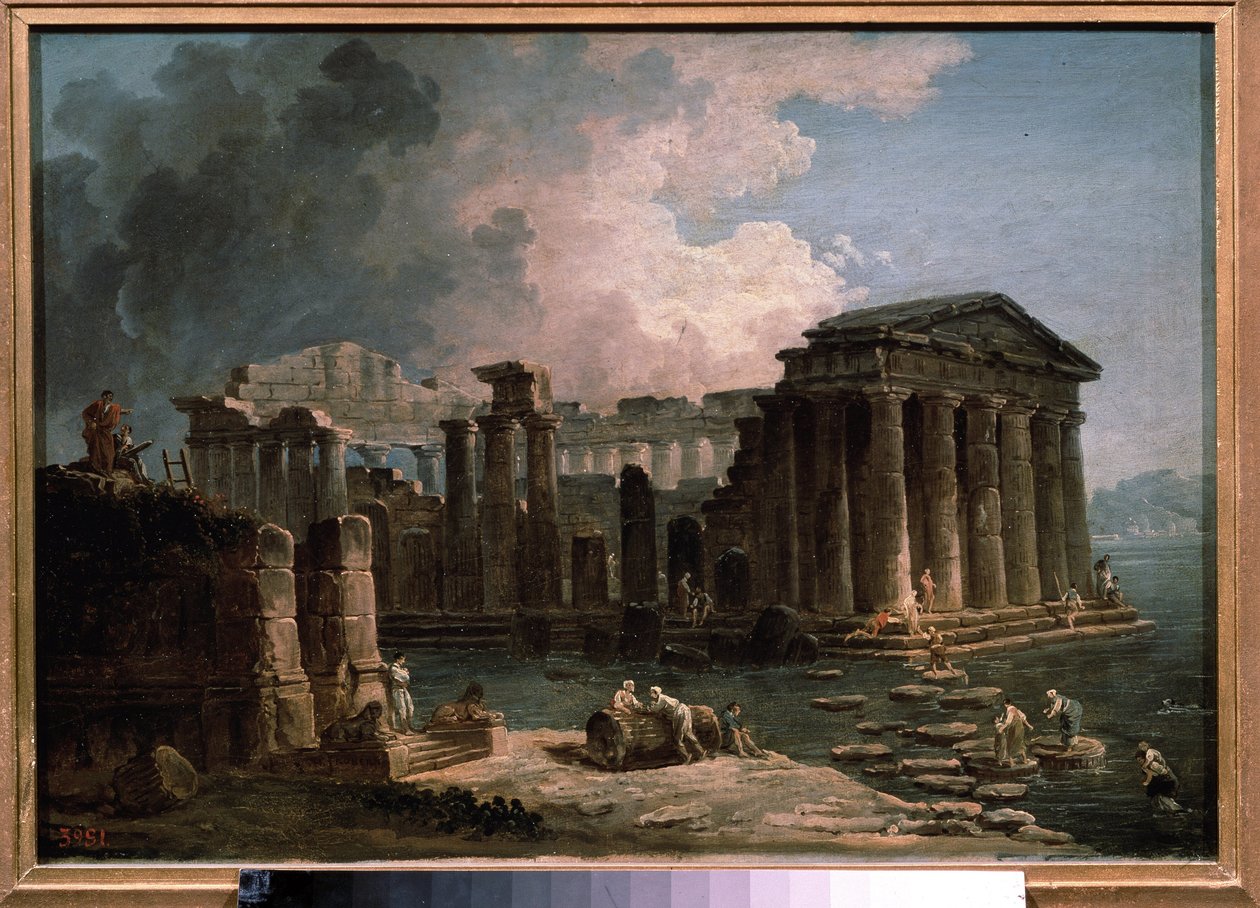 Et tempel omgir av vann. Maleri av Hubert Robert (1733-1808), olje på lerret, ca 1780, fransk kunst. State A. Pushkin Museum of Fine Arts, Moskva. av Hubert Robert