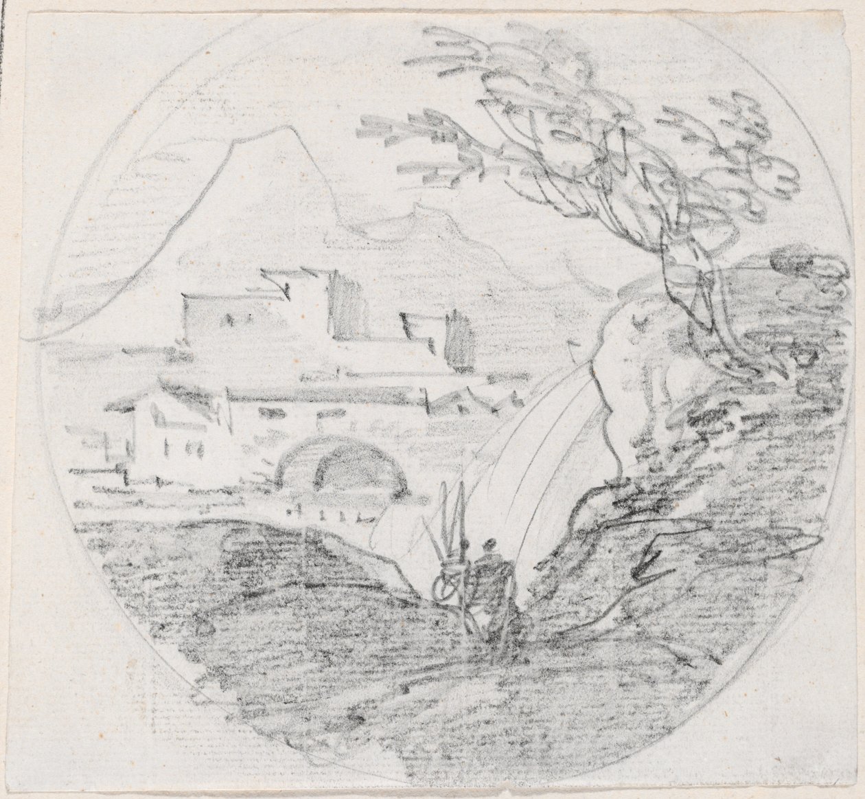 Utsikt fra en ås til en landsby og det fjerne fjellet av Hubert Robert