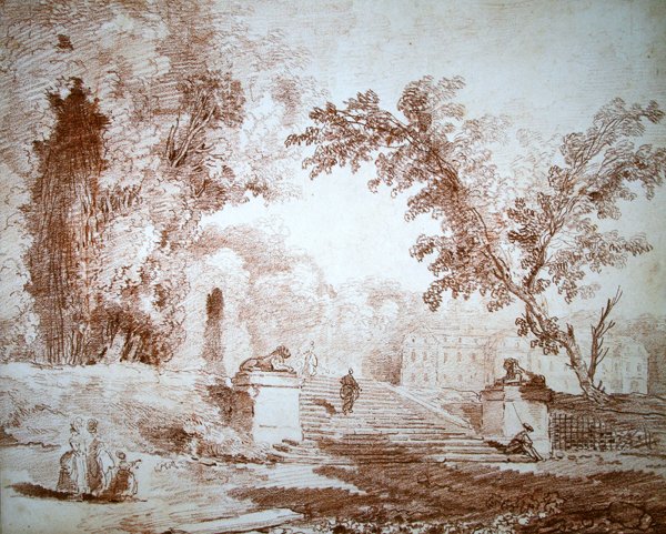 Utsikt over en hage med terrasse (rødt kritt på papir) av Hubert Robert